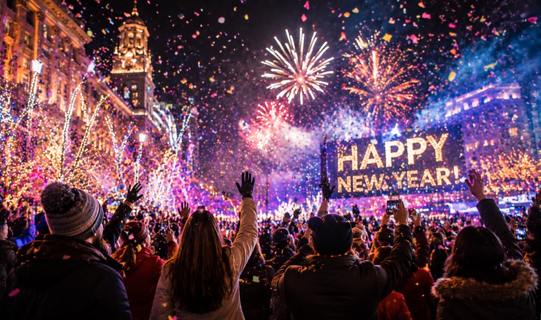 Fireworks over a city skyline on New Year's Eve