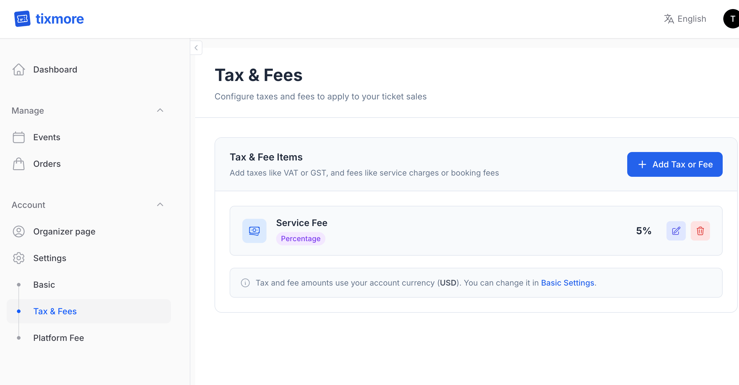 Tax &amp; Fees Settings