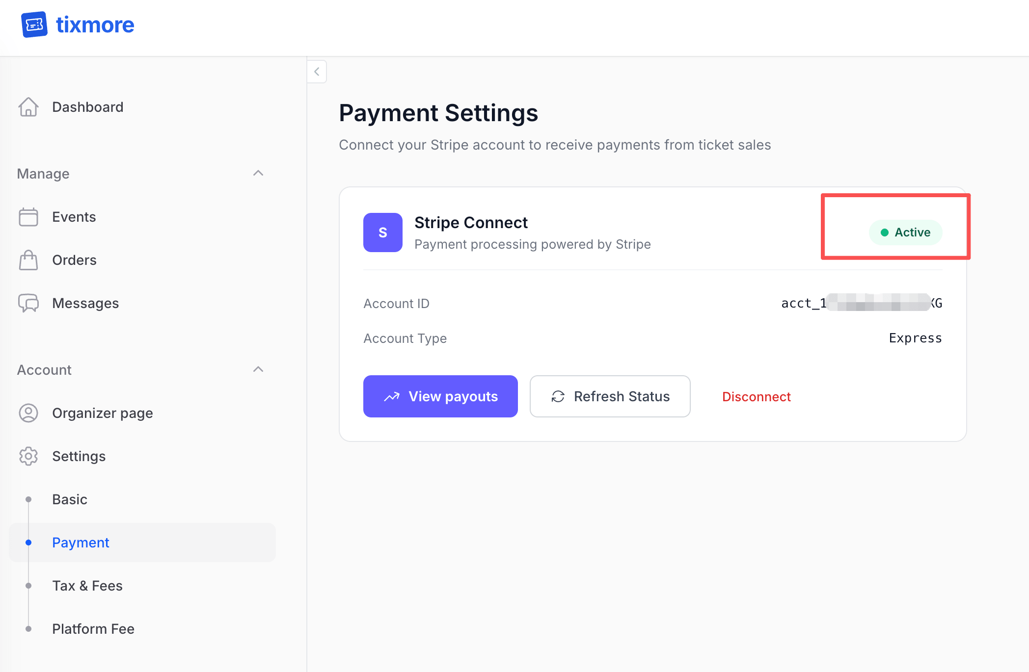 Stripe Connect showing the green Active status after a successful connection