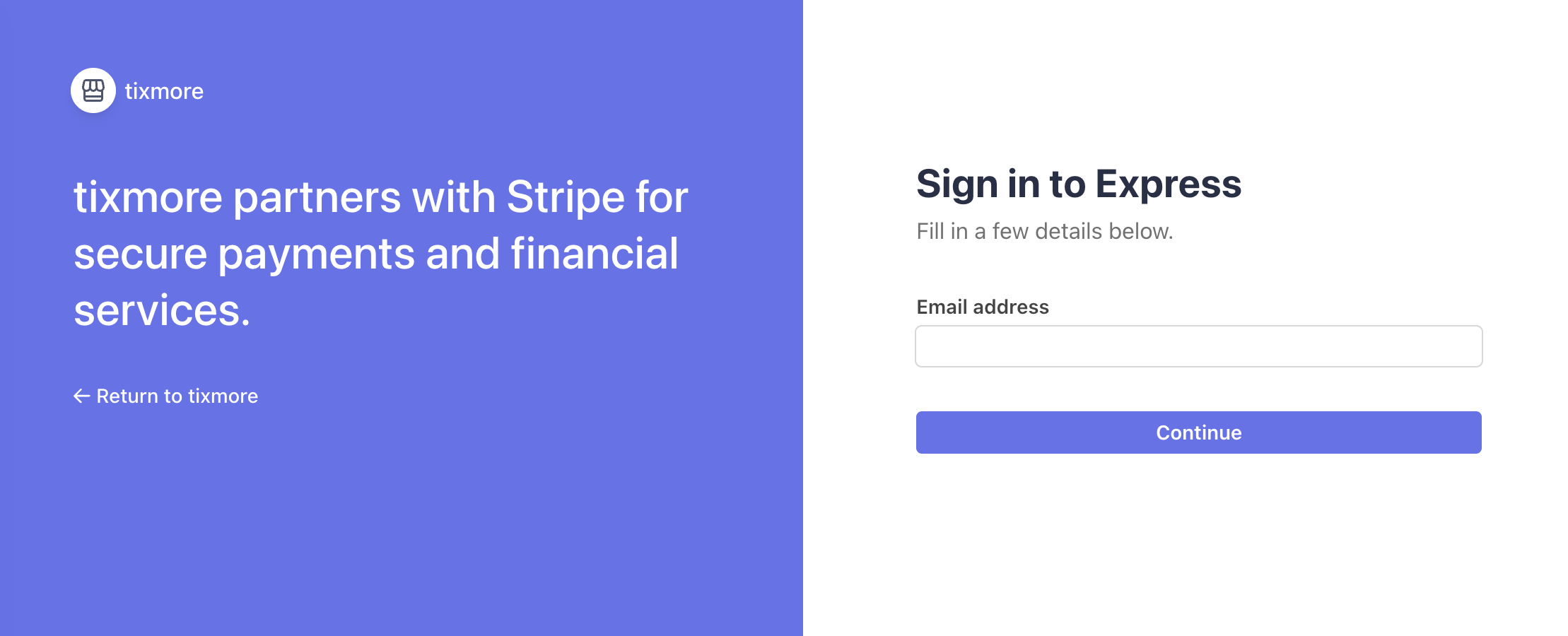 Stripe's secure sign-in page, confirming tixmore is a Stripe partner
